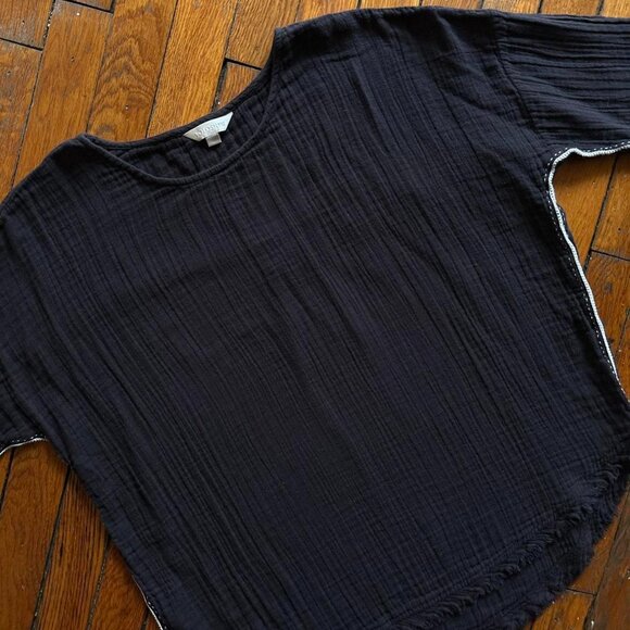 VOLOSHIN Oversized 3/4 Sleeve Shirt Top Women Small Navy Blue White Accent - Picture 2 of 5